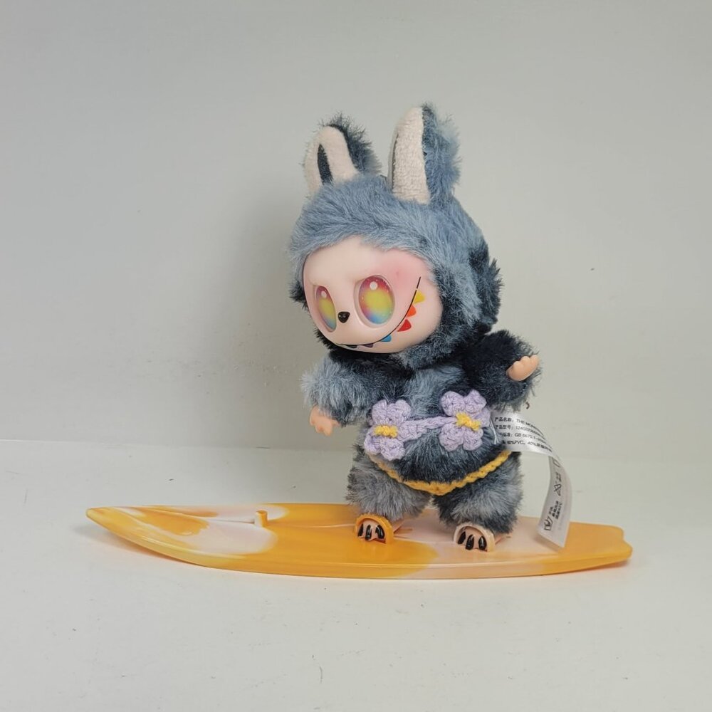 labubu lavender bikini orange bottom and surfboard, no doll